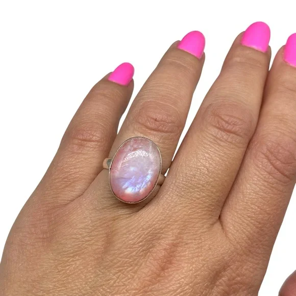 Pink Flash Rainbow Moonstone Ring Size 7 Solid 925 Sterling Silver